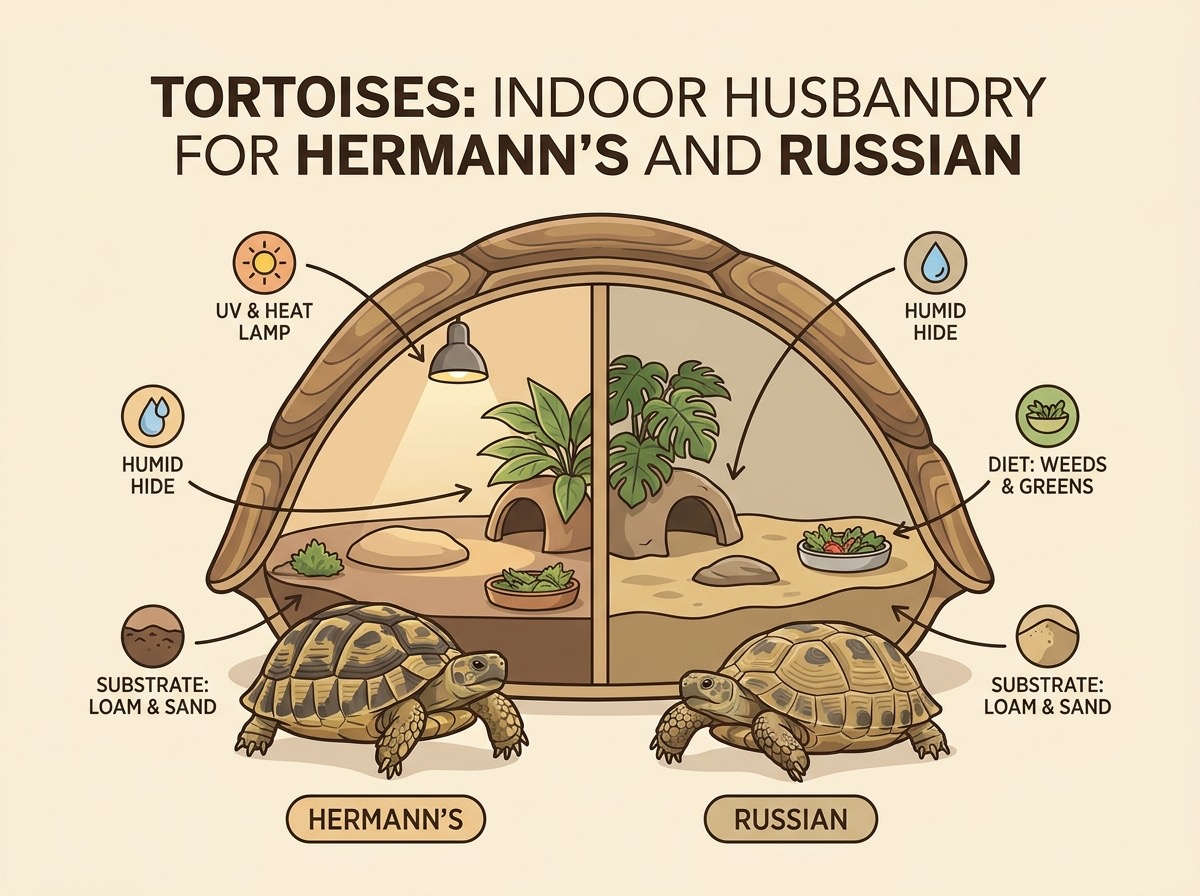 Section — tortoise enclosure layout with thermal and humidity zones