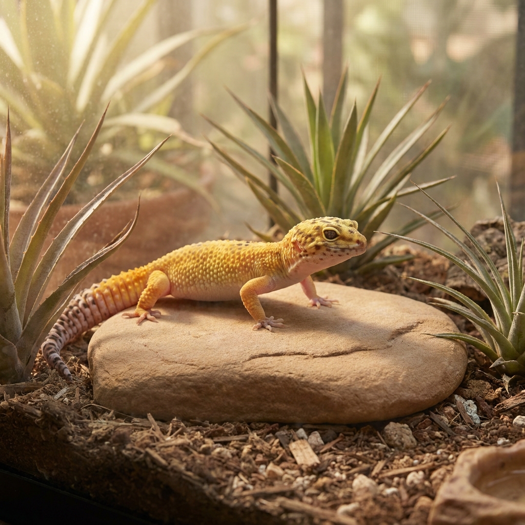 Section — leopard gecko enclosure with three hides and shallow water bowl