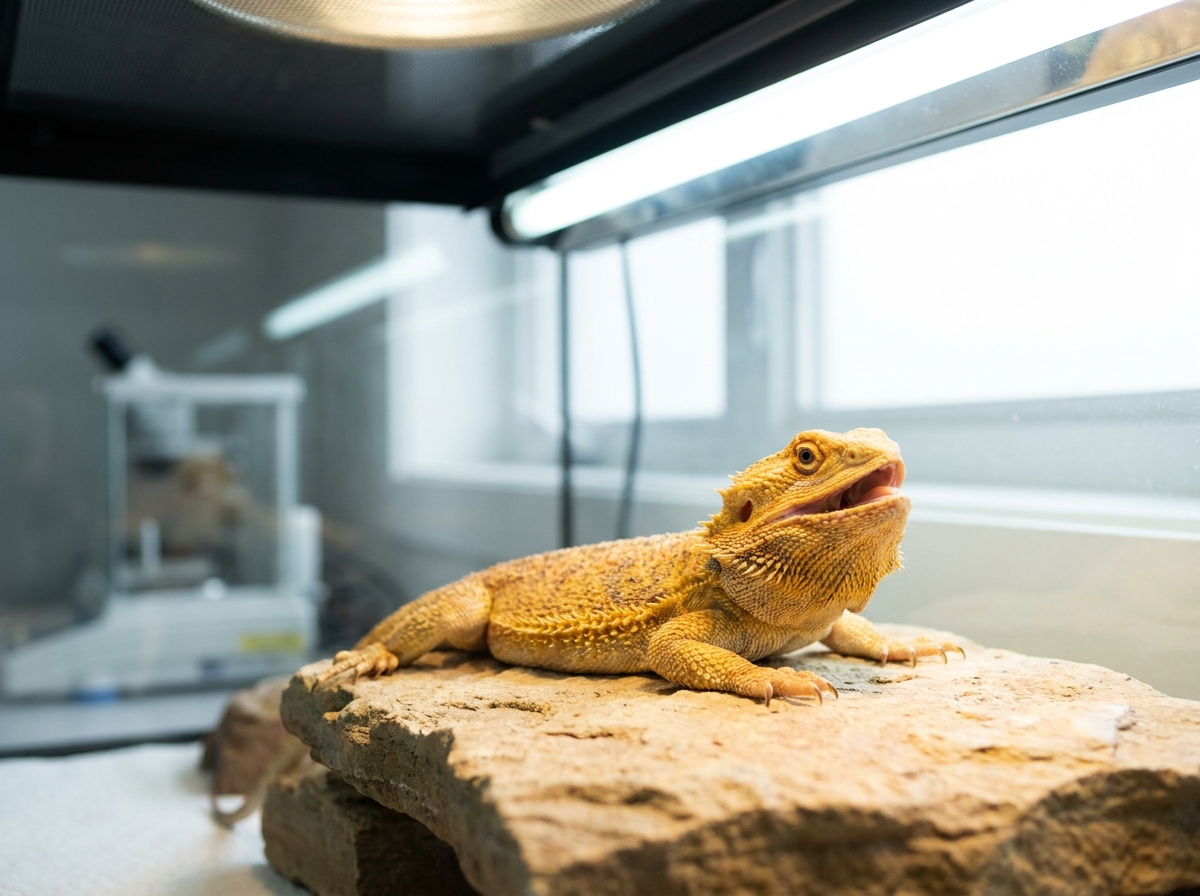 Section — adult bearded dragon in 120 cm PVC enclosure, basking flat under T5 HO tube and halogen flood