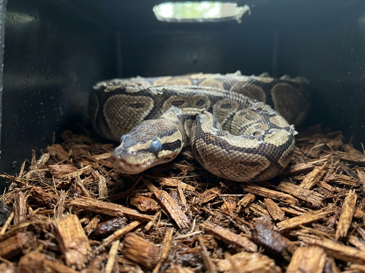 Section — adult ball python in 120 cm PVC enclosure, cool-side cypress mulch visibly moist under digital hygrometer probe