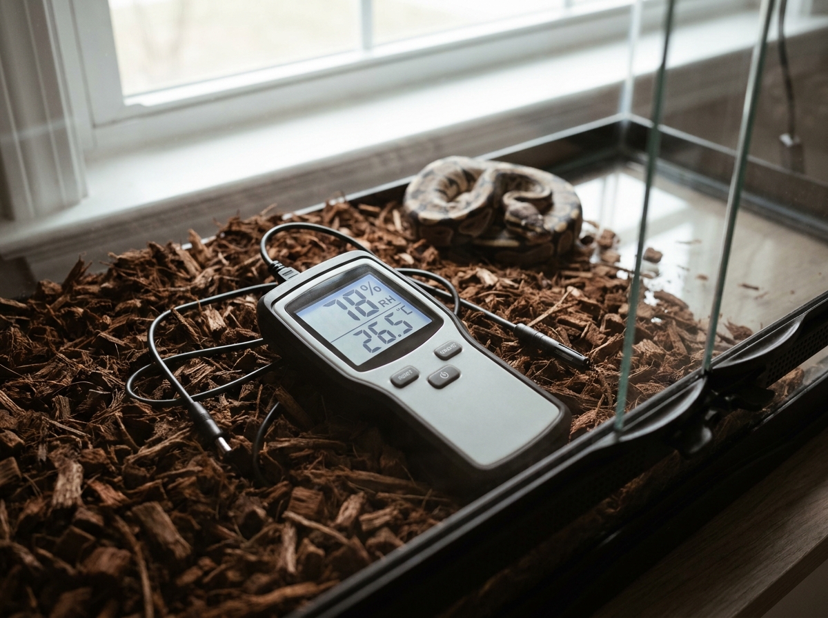 Section — two digital hygrometers, cool-side substrate probe and warm-side ambient probe, both reading 60–62 %