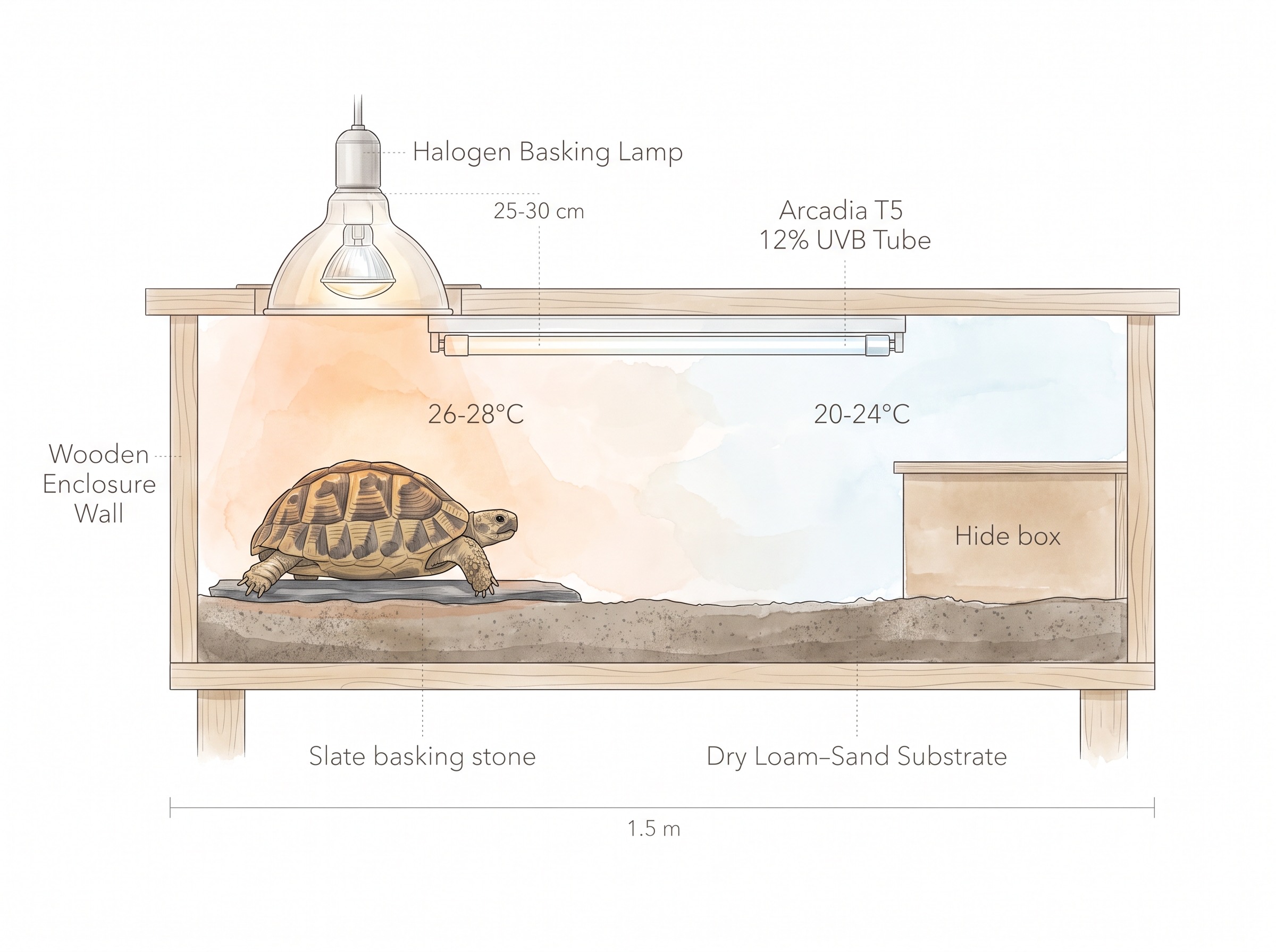 Section — adult Hermann's tortoise in a wooden open-top table, 1.5 m long, with a slate basking stone at one end and a hide box at the other, basking lamp visible overhead