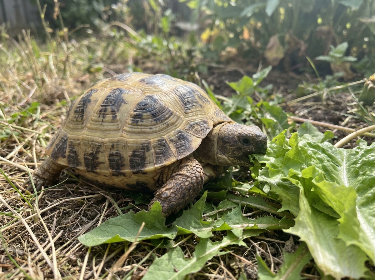Section — Arcadia T5 12% Desert tube mounted 35 cm above a slate basking stone, a Hermann's tortoise sitting directly under the lamp with limbs splayed in classic basking posture