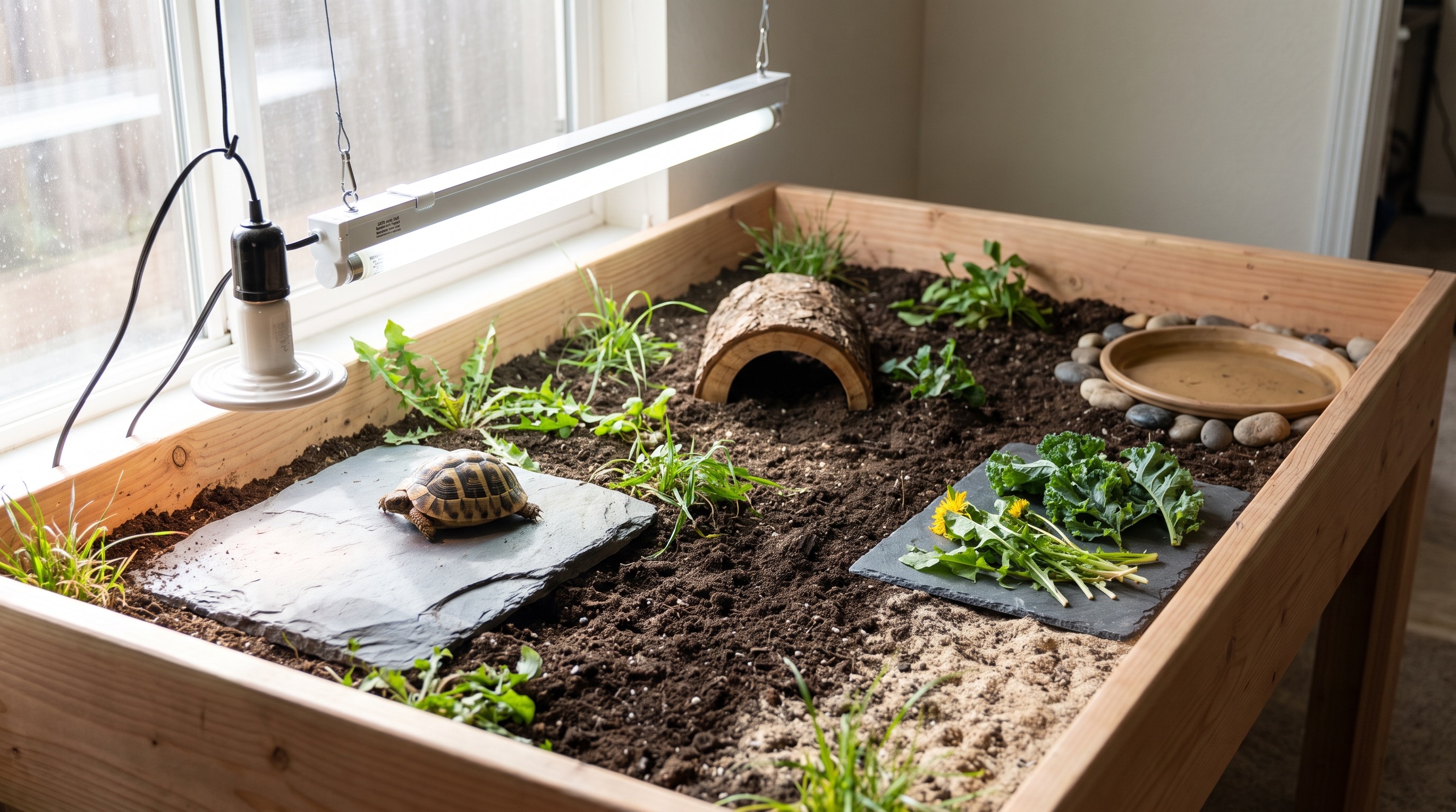 Section — assortment of fresh tortoise-safe weeds laid out on a slate feeding tile: dandelion, plantain, sow thistle, hawksbit, with a cuttlebone propped at one end of the tile