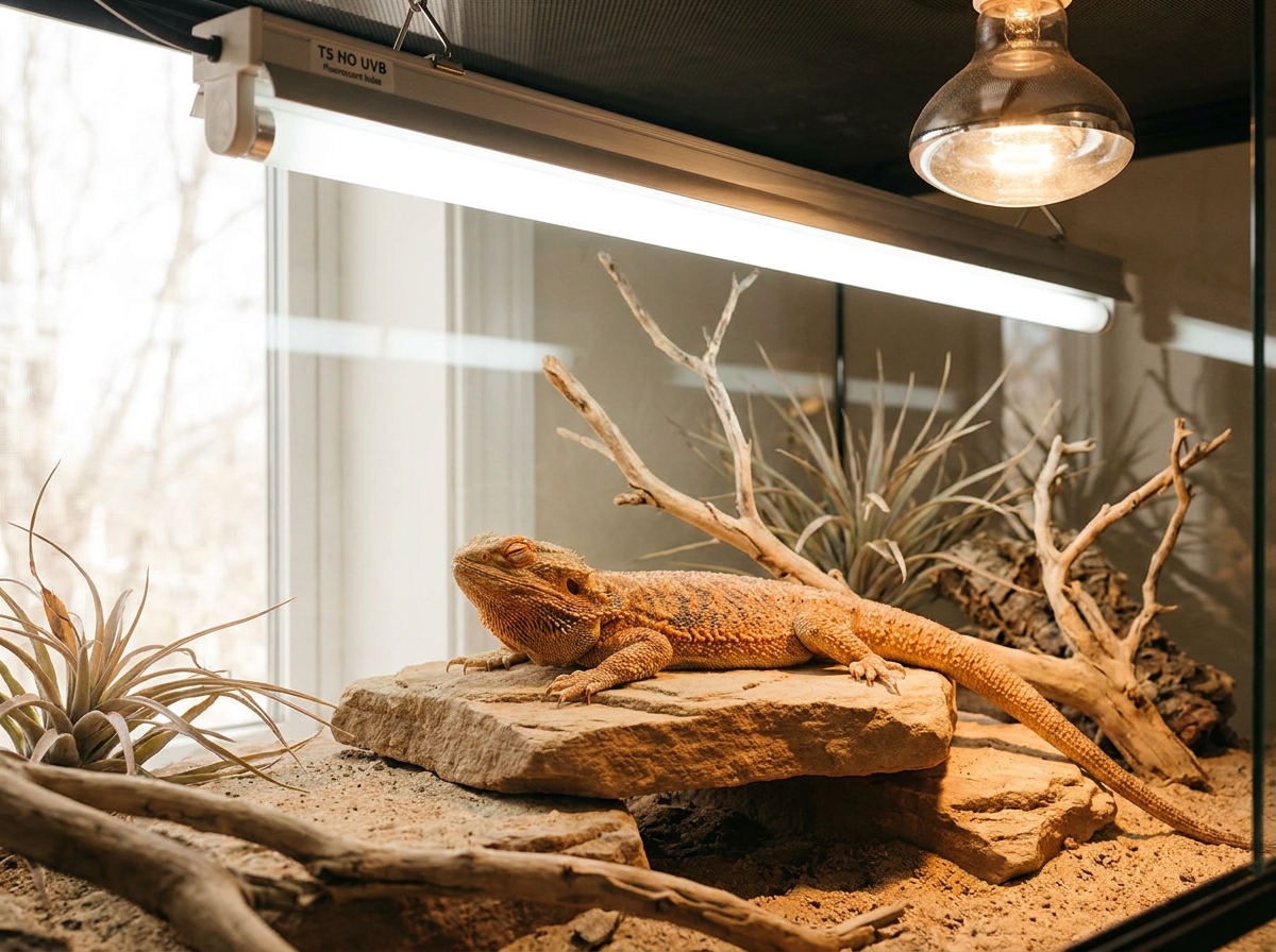 Section — bearded dragon basking on flat rock directly under an Arcadia T5 HO 12 % tube mounted inside enclosure with reflector; Solarmeter 6.5 visible in foreground showing UVI 4.6