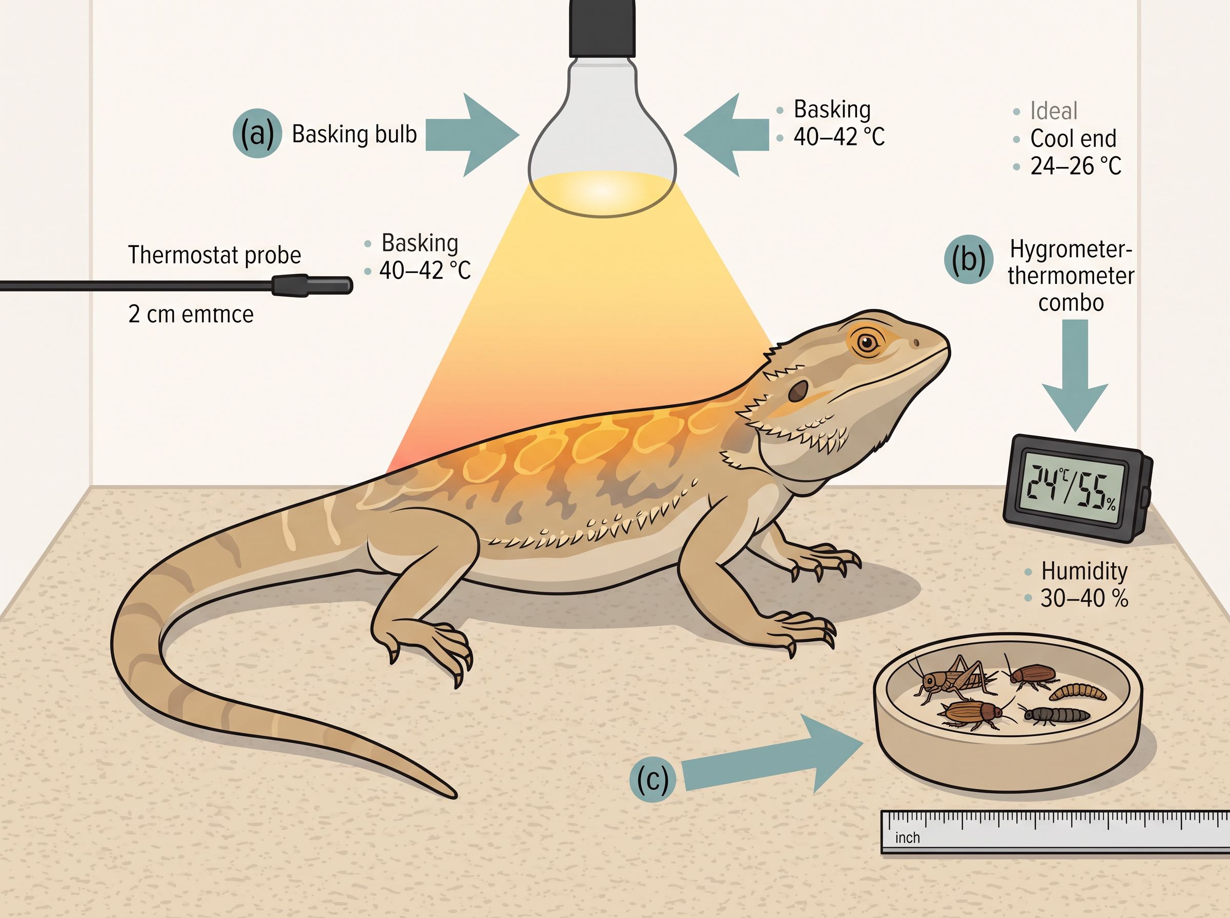 Section — A bearded dragon in profile with arrows pointing to (a) the basking spot with a thermostat probe mounted 2 cm below, (b) a digital hygrometer on the cool end, and (c) a food bowl with a fresh portion of mixed insects labelled for size reference