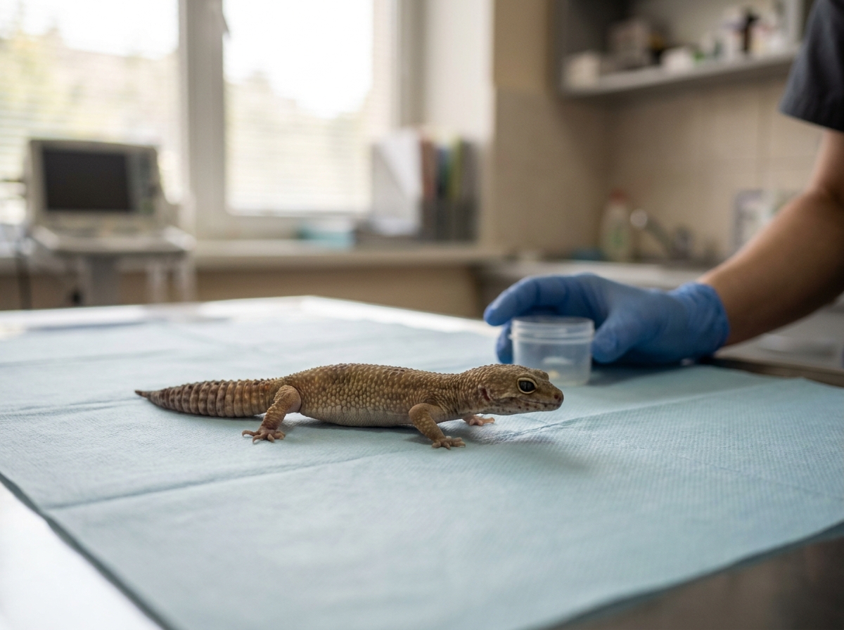 Section — flat-lay of the at-home triage toolkit: an infrared thermometer, a digital hygrometer with remote probe, a jar of Repashy Beardie Buffet as a supplemental feed, a 1 ml syringe, a small jar of olive oil, and a paper faecal-sample tube labelled with the animal's ID and date