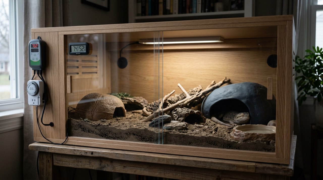 Section — a side-by-side timeline of the 14-day cool-down and 14-day wake-up ramps, with three reference bars: a 40 °C basking spot to 15 °C chamber line for bearded dragons, a 32 °C to 10 °C line for Russian and Hermann's tortoises, and a 28 °C to 22 °C line for ball pythons, each annotated with feed/soak/faecal-screen milestones
