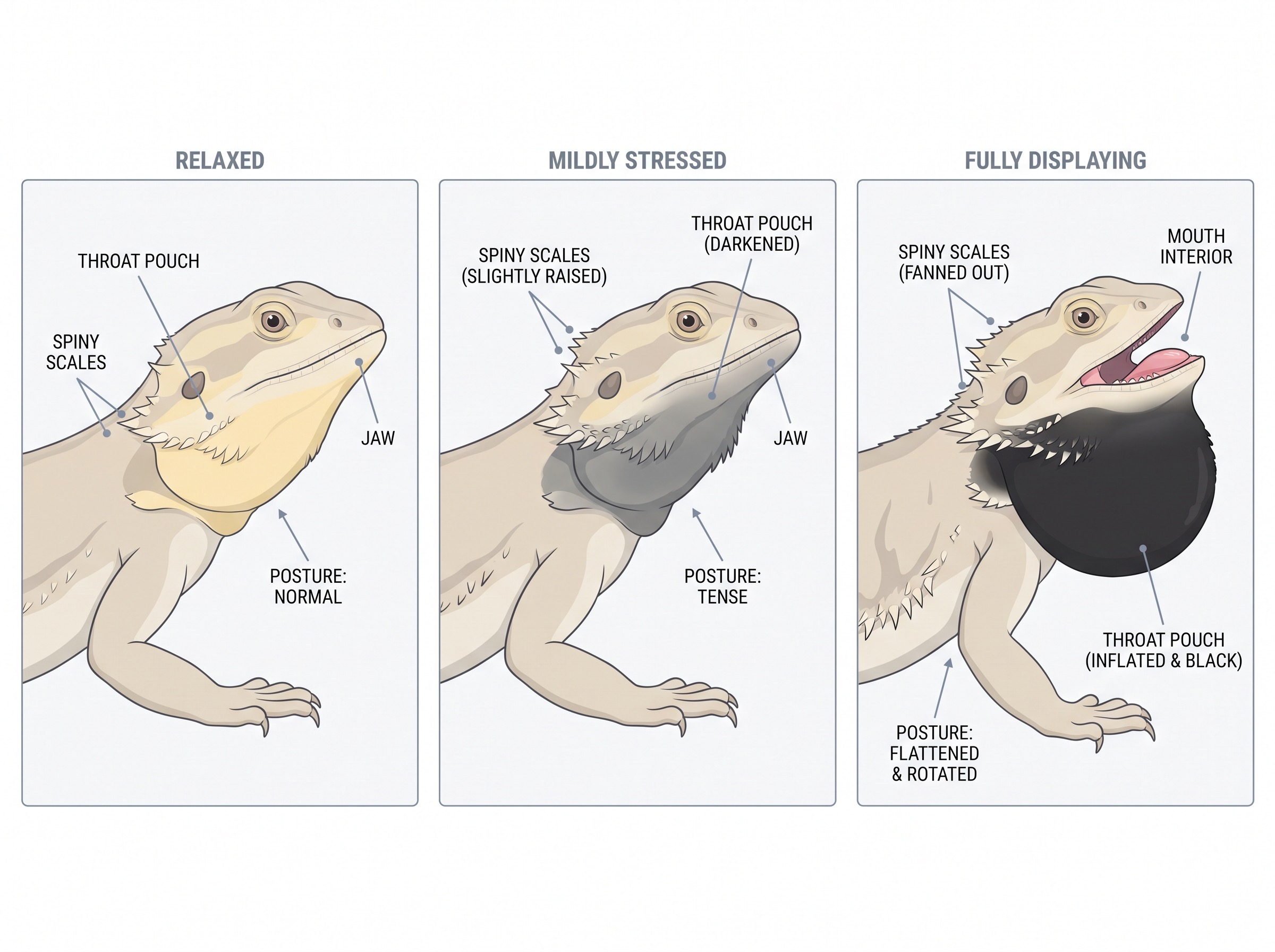 Section — annotated diagram of a bearded dragon head in three states side by side: relaxed (cream-yellow beard, scales flat, mouth closed), mildly stressed (beard darkened to grey, scales partly raised, mouth closed), and fully displaying (jet-black inflated beard, scales fanned, mouth open, body rotated broadside)