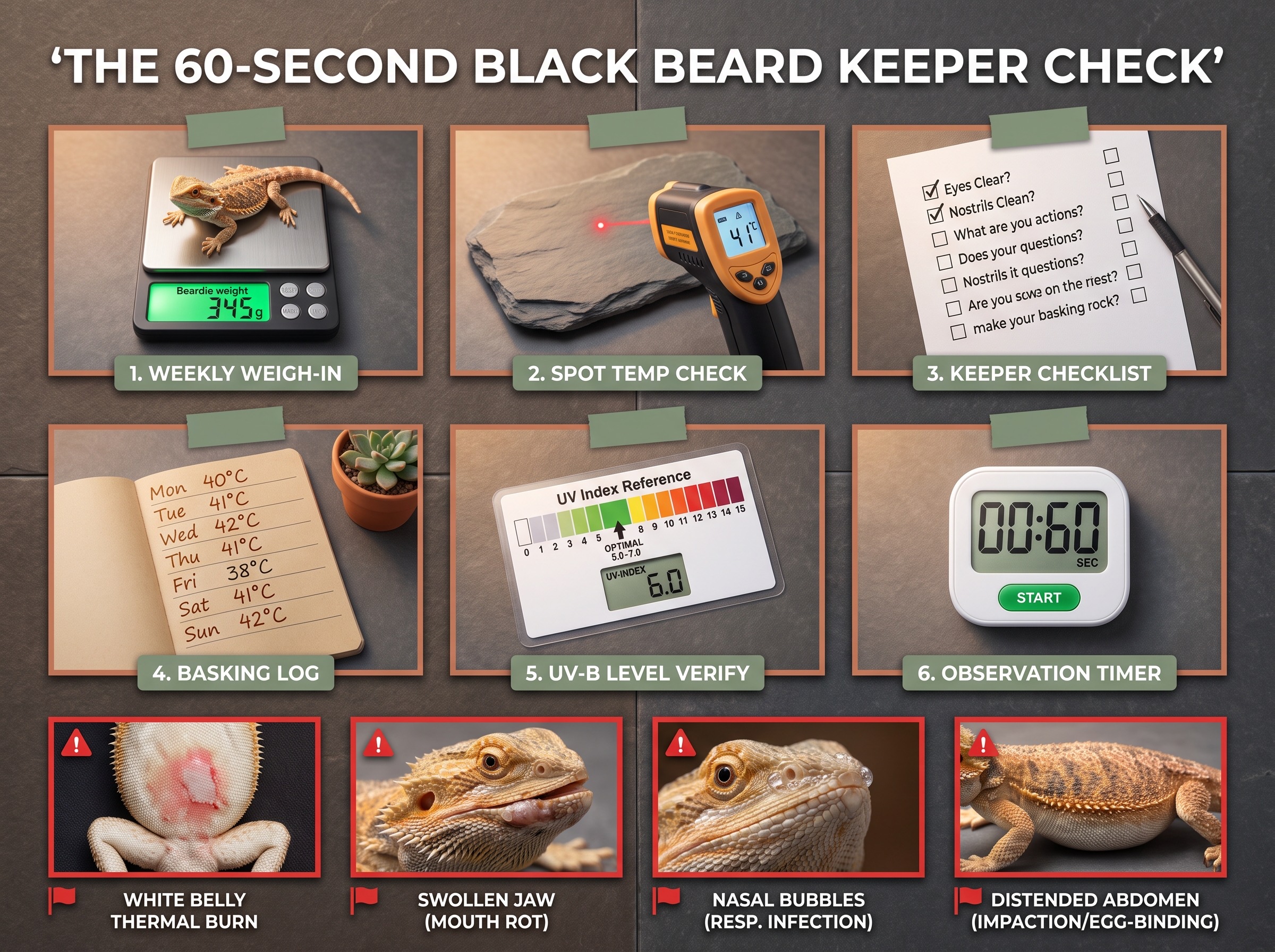 Section — a flat-lay infographic of the 60-second keeper check: a digital scale, an infrared thermometer, a printed checklist, a calendar with the last 7 days of basking temperatures logged, and four reference photos showing the four health red flags (white belly burn, swollen jaw, bubbles from the nose, distended lower abdomen)