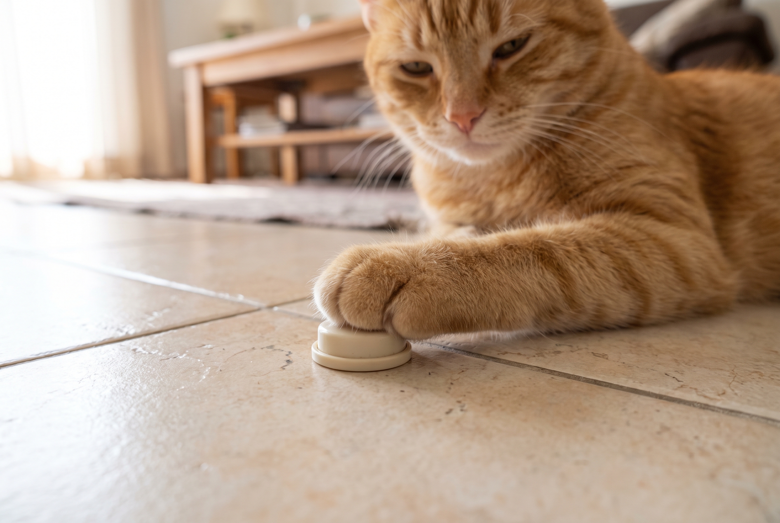A cat pressing a button on the floor, calm face, soft light — the kind of small, self-paced act that defines how cats learn.
