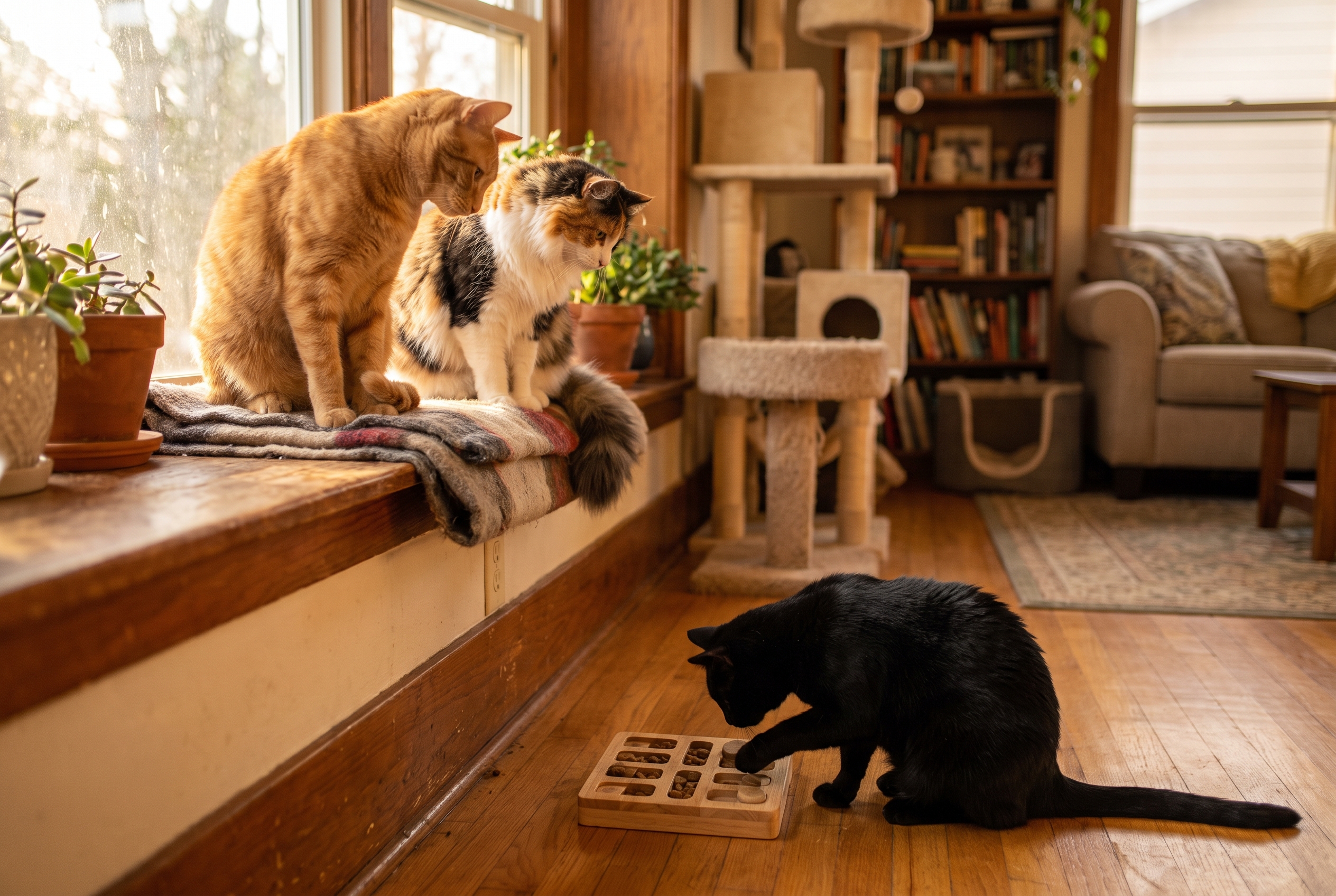 Two cats on a windowsill watching a third work a small puzzle feeder — a small, self-paced, self-rewarded act that captures how cats prefer to learn.