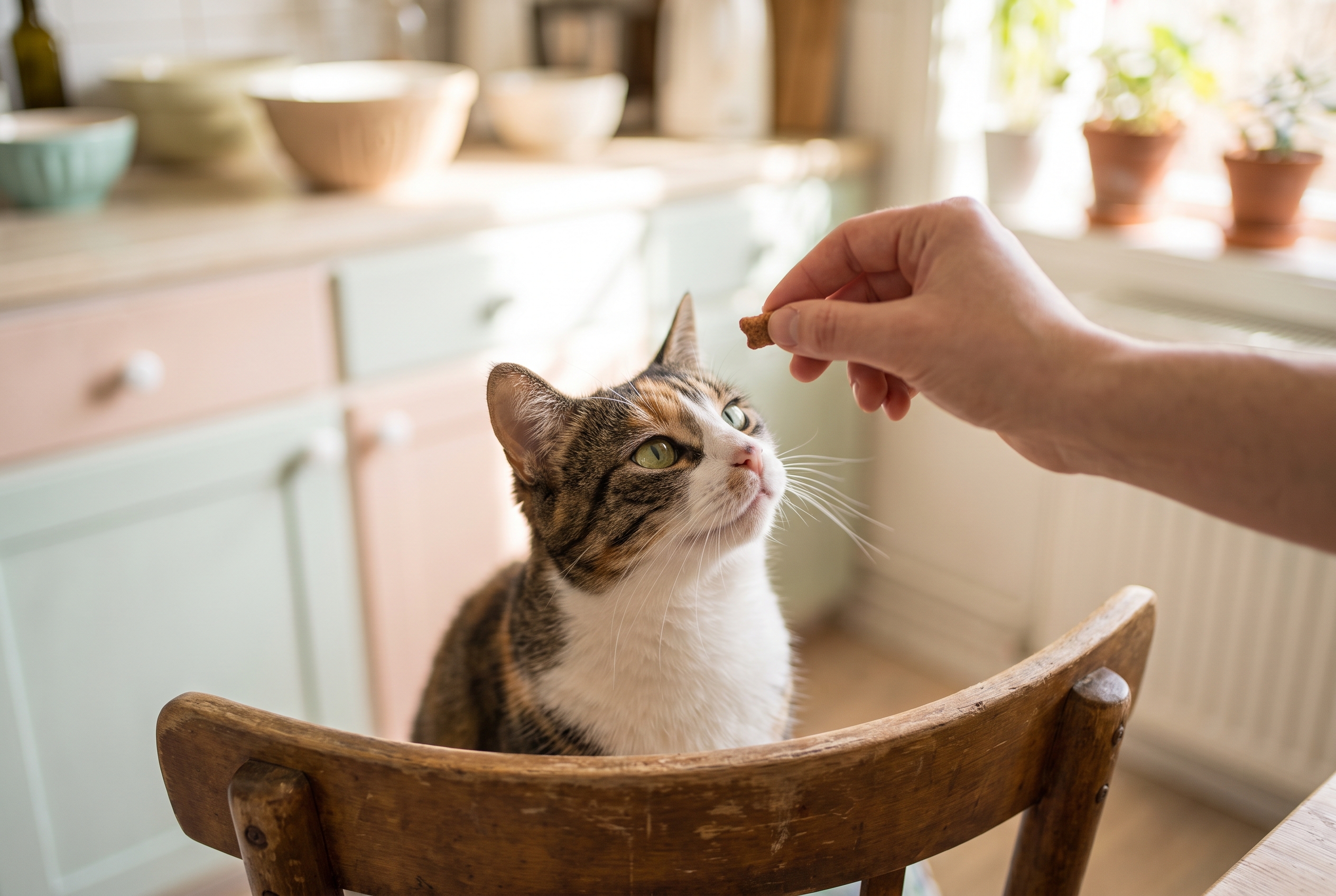A cat looking up at a person offering a small treat between two fingers — the small, voluntary exchange at the heart of every feline training plan.
