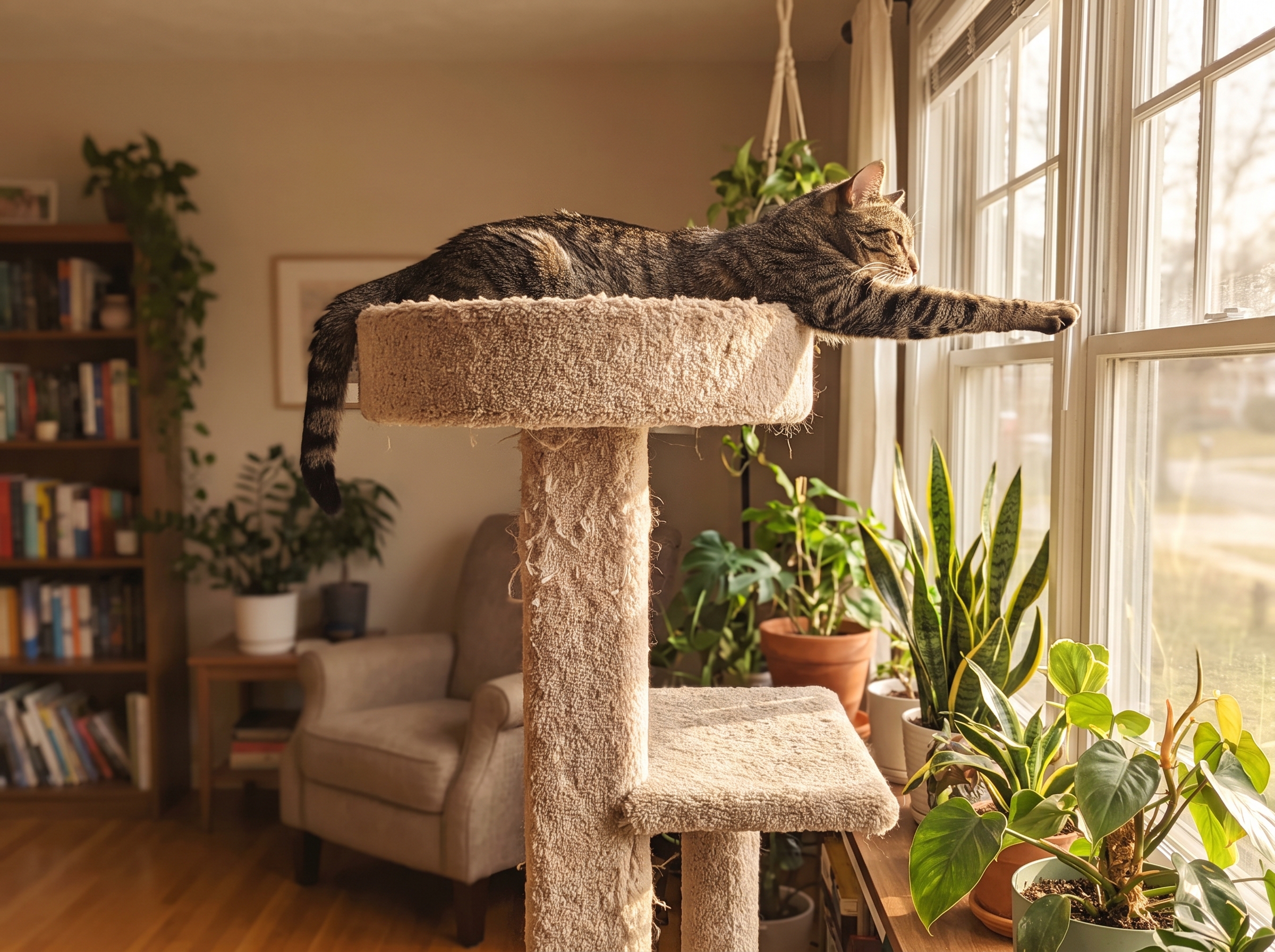 A cat stretching on top of a tall cat tree, one paw extended toward the window — the kind of small, voluntary climb that, repeated three or four times a day, is the closest indoor equivalent to the wild cat's arboreal patrol.