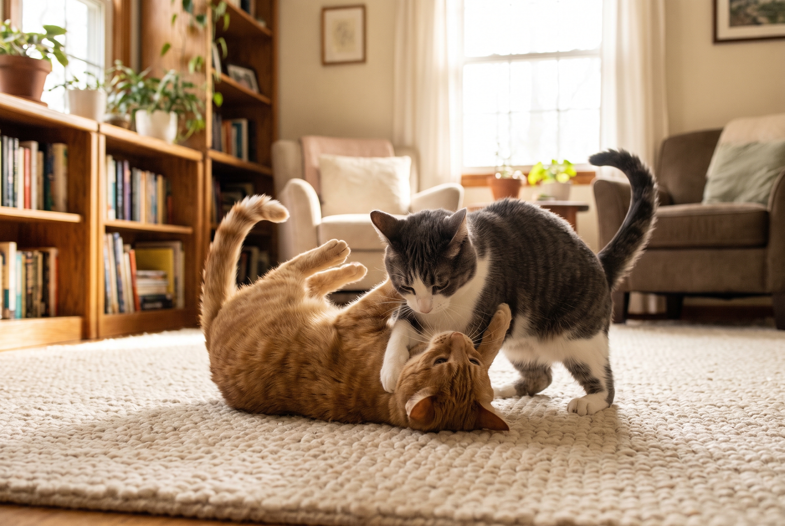 Two cats play-wrestling on a rug, ears forward, paws soft — the social play that, in a multi-cat home, does more daily exercise work than any toy.