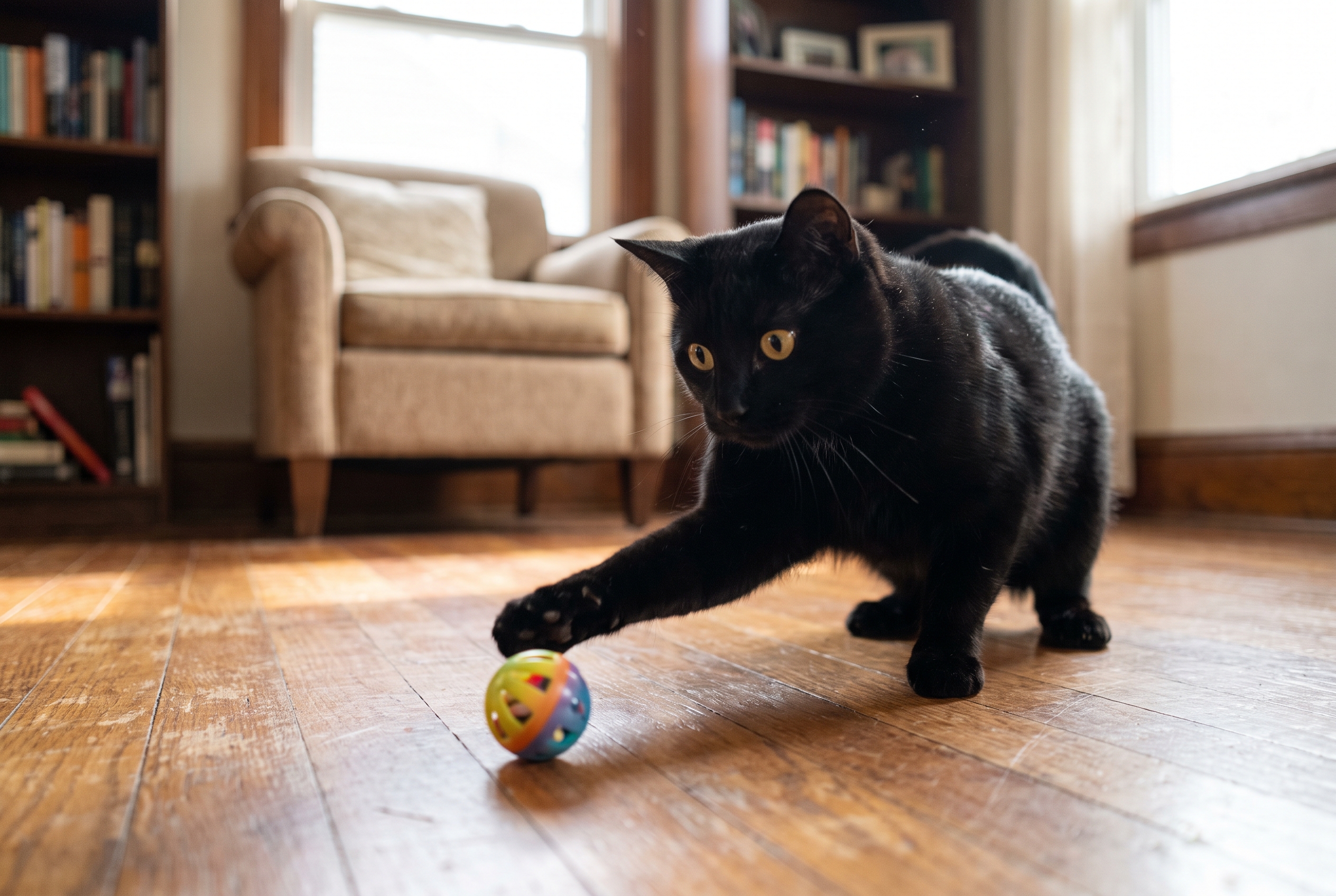 A black cat mid-pounce on a small rolling toy — the kind of short, focused bout that, repeated three times a day, makes most of the difference in an indoor cat's daily energy budget.