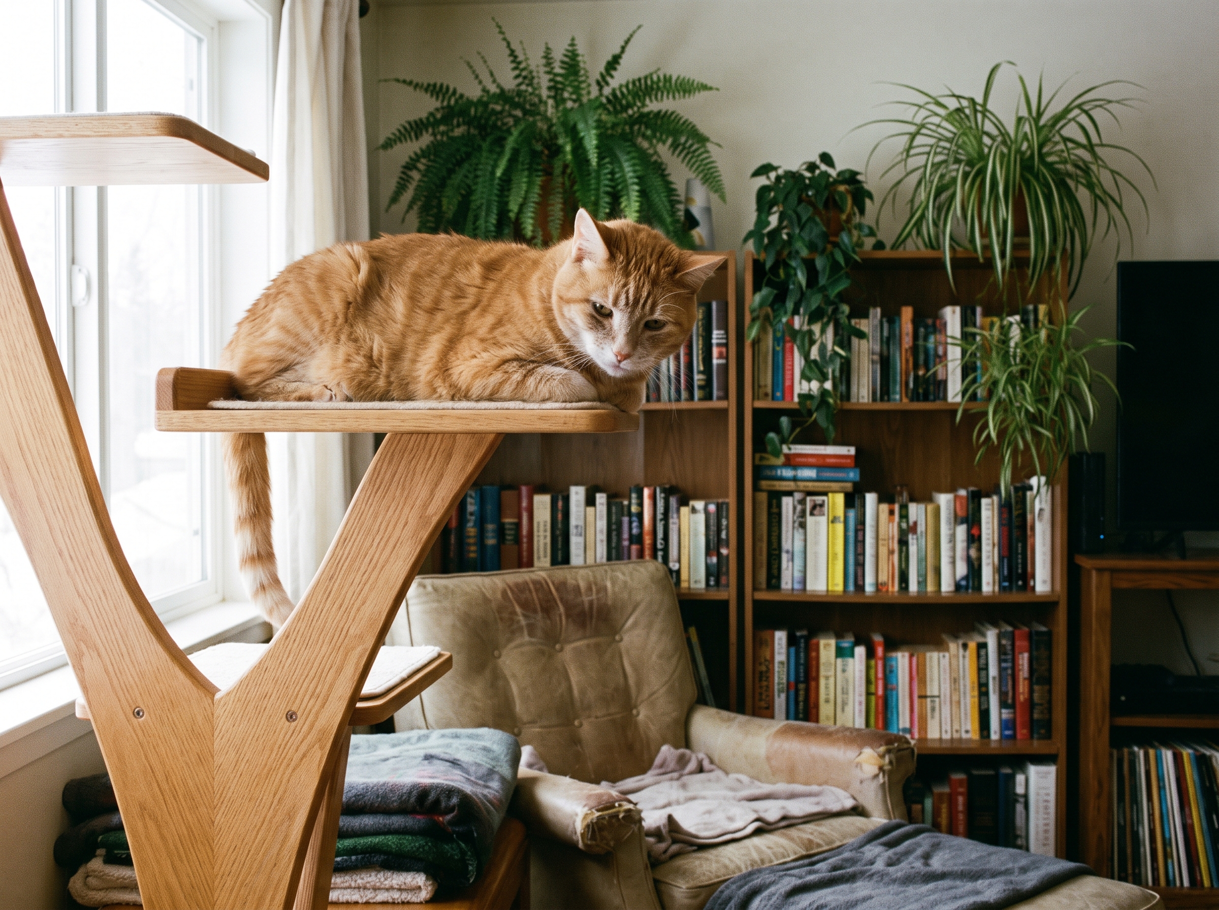 A senior cat on a high perch, looking down at the room with the calm expression of a cat whose activity quota has been quietly respected for years — a small, dignified study in what an indoor life can be.