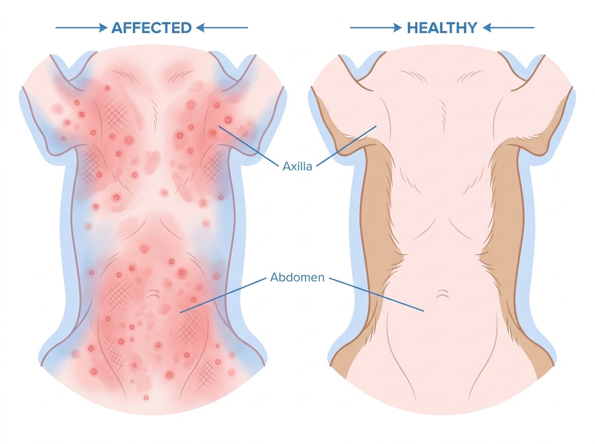Side-by-side: inflamed skin on the left, healthy skin on the right