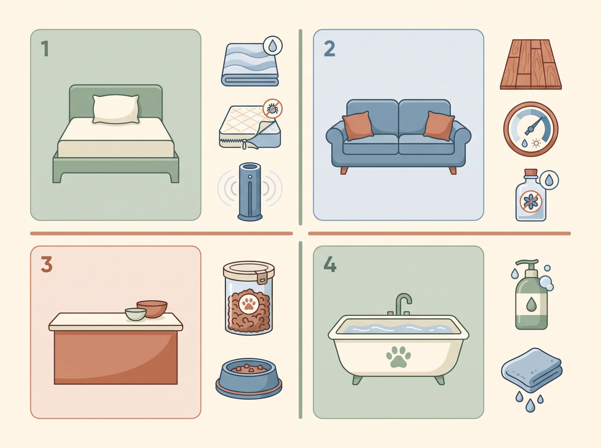 Illustrated checklist: bedroom, living area, kitchen, bathing icons
