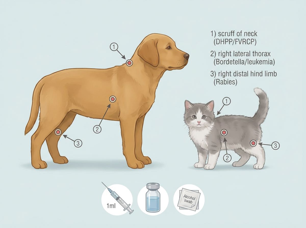 Puppy receiving subcutaneous injection between shoulder blades, vet tech in surgical gloves