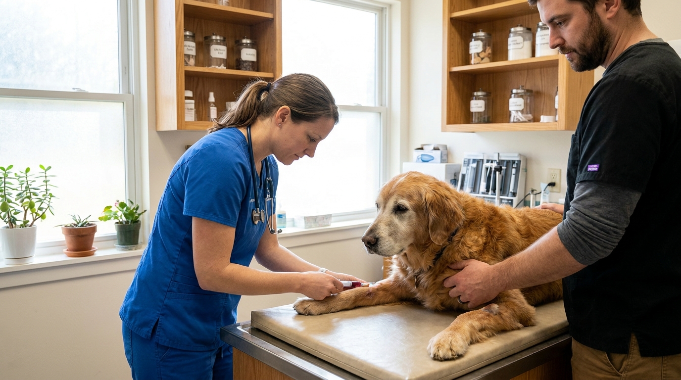 A senior Labrador on an exam table while a vet tech draws blood from the jugular