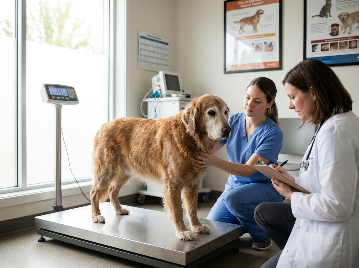A vet pointing to a chemistry report on a screen, explaining SDMA results to the dog owner
