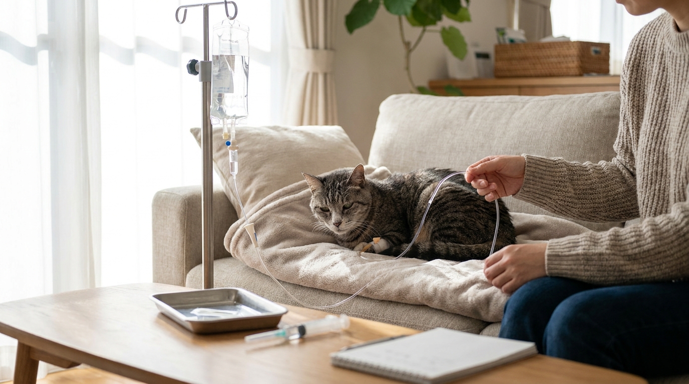 A vet drawing blood from a senior cat's jugular for SDMA and creatinine testing