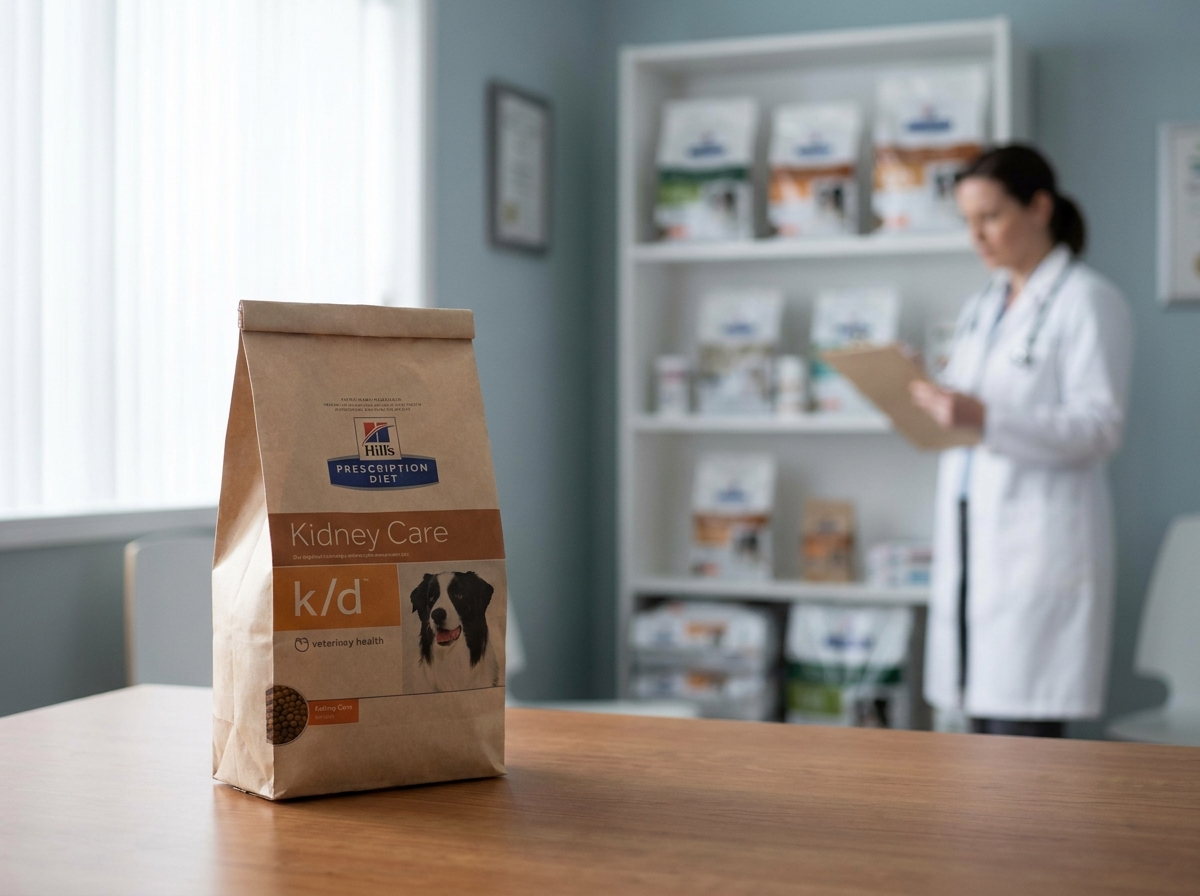 A cat eating from a bowl of renal prescription diet while the owner watches