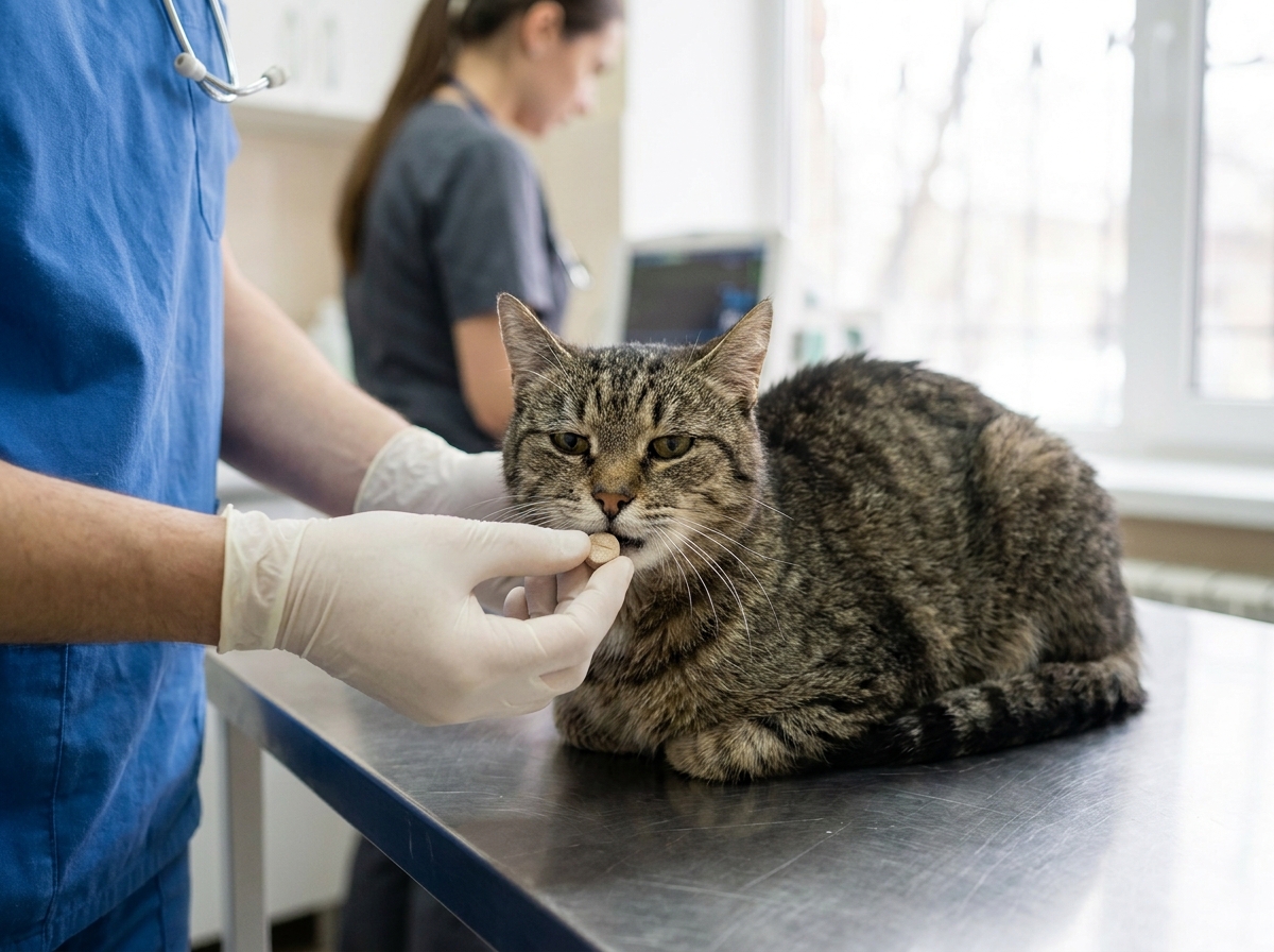 An owner setting up subcutaneous fluids for a senior cat on the kitchen counter