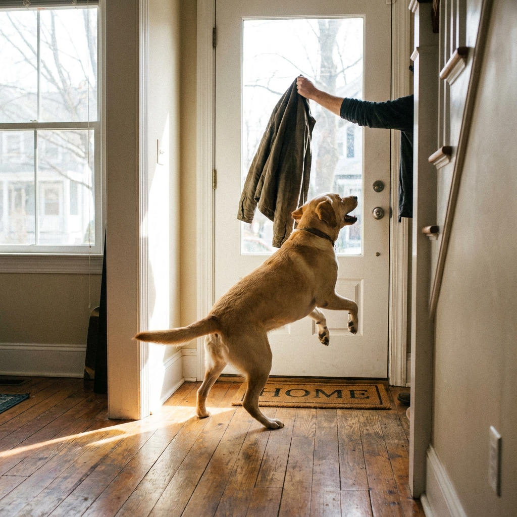 Section — training station layout: mat placed away from the door, leash anchored, treat pouch on hip