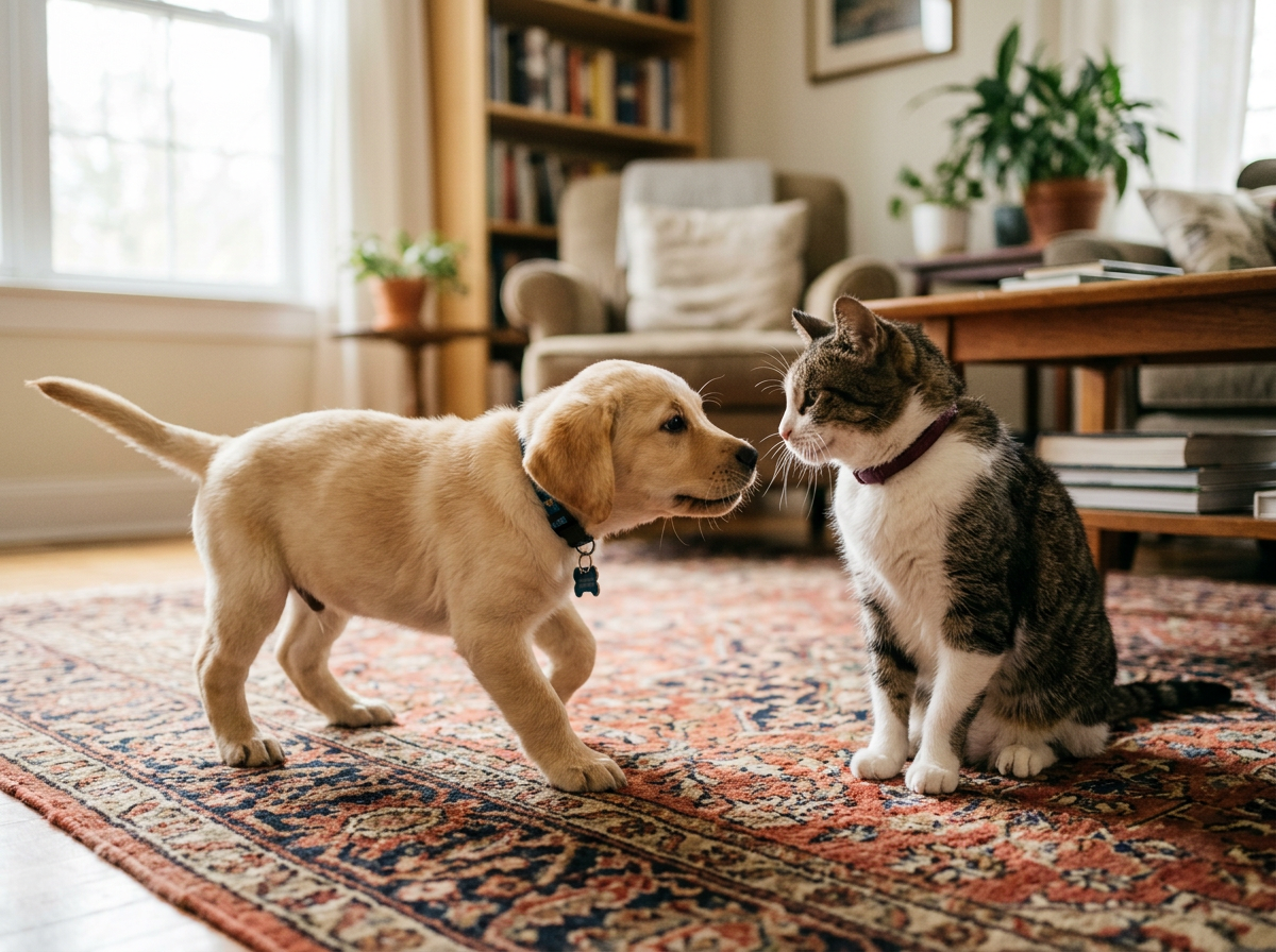 Body language of a puppy in over its head: tucked tail, lip licking, whale eye, low posture