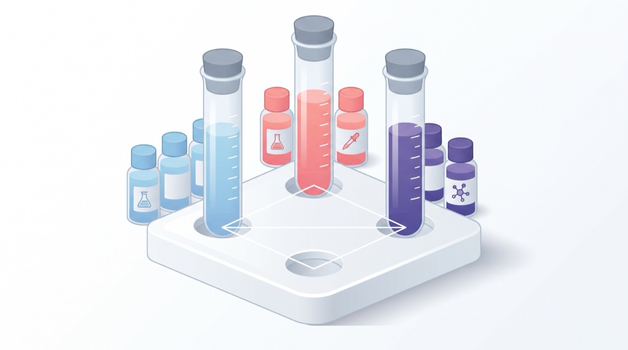 Section — three test tubes with reef trinity reagents on a tray
