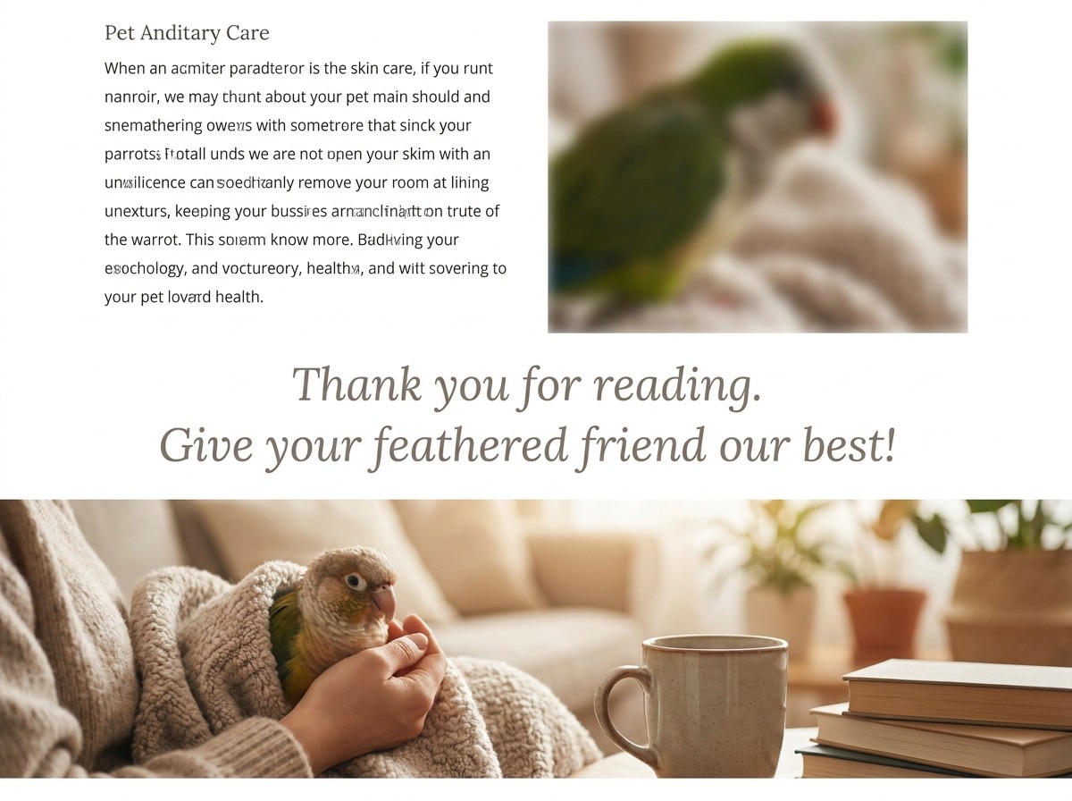 Footer banner — African grey parrot preening on perch in well-lit room