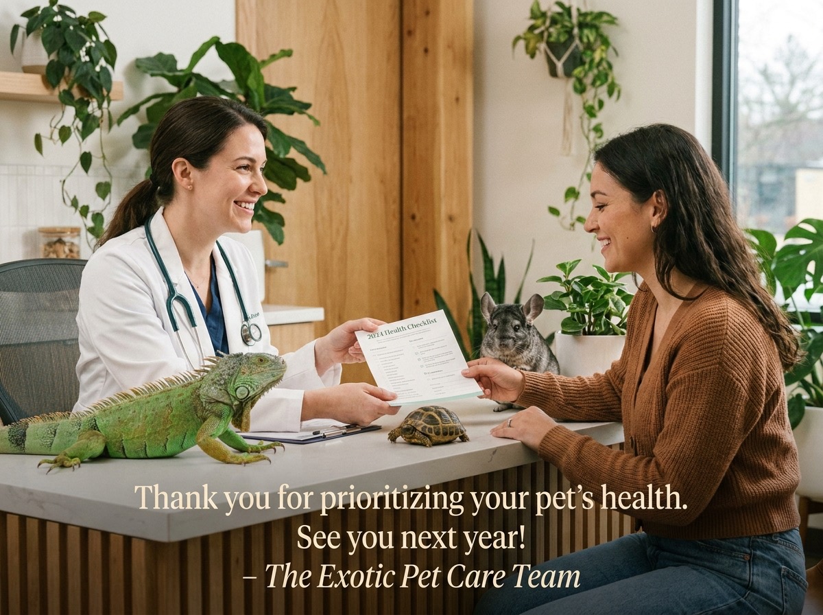 Footer banner — exotic pet veterinarian examining a rabbit on the table