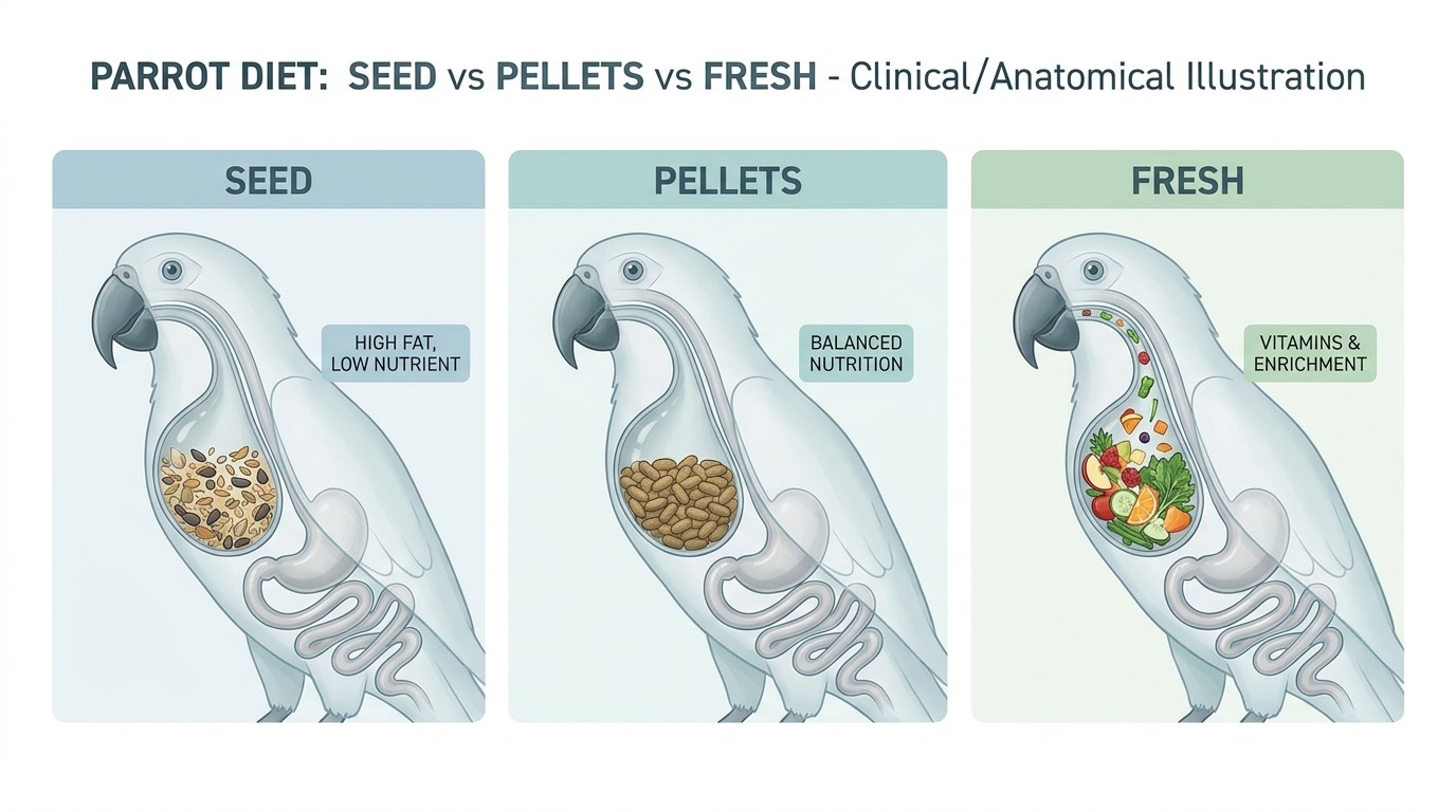 Parrot diet: seed vs pellets vs fresh — what the evidence actually says (avian nutrition) — Exotic Pets / Bird Nutrition cover image