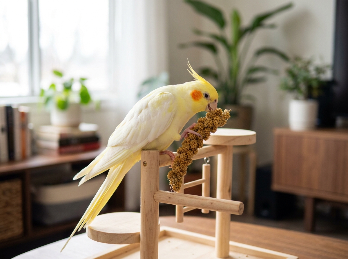 Section — the UVB and calcium setup: an Arcadia Bird Lamp 12 % T5 HO tube in a reflector mounted 30 cm above a manzanita perch, a fresh cuttlebone clipped to the cage bars, a small dish of Roudybush crumbles, and a cockatiel perched calmly in the lit zone