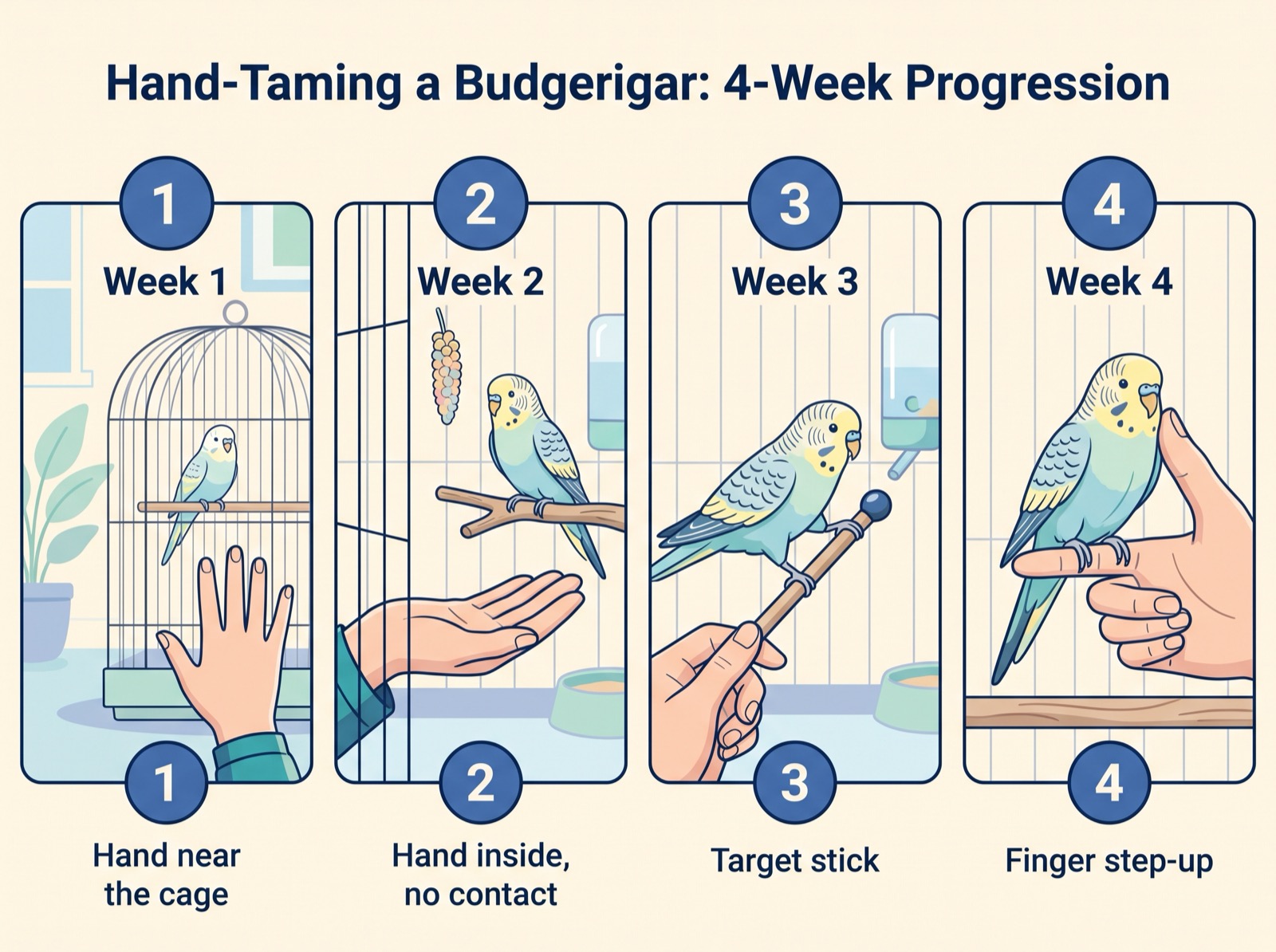 Section — a young hand-tame budgerigar perched calmly on an owner's index finger: the thumb on one side of the head, the index on the other, the body cradled in the open palm, the bird's feathers smooth and eyes relaxed