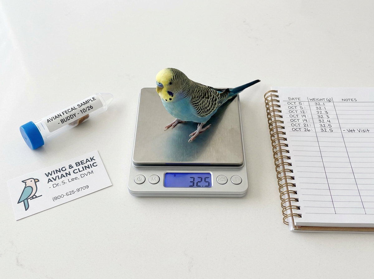 Section — the vet-visit setup: a small budgerigar on a digital gram scale reading 38.2 g, a labelled faecal sample tube, and a hand-written logbook showing weekly weights on a clean counter