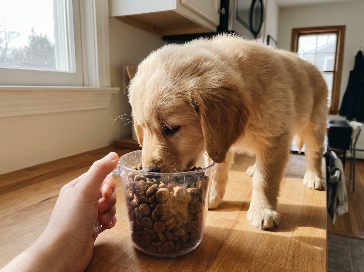 Section image 1 — large breed puppy on a scale with body condition chart visible