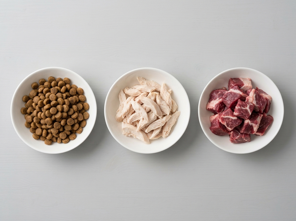 Section image 1 — three identical stainless steel bowls on a kitchen counter, one filled with extruded kibble, one with steamed chicken and rice, one with raw beef and bone, with a printed AAFCO nutritional adequacy statement next to each