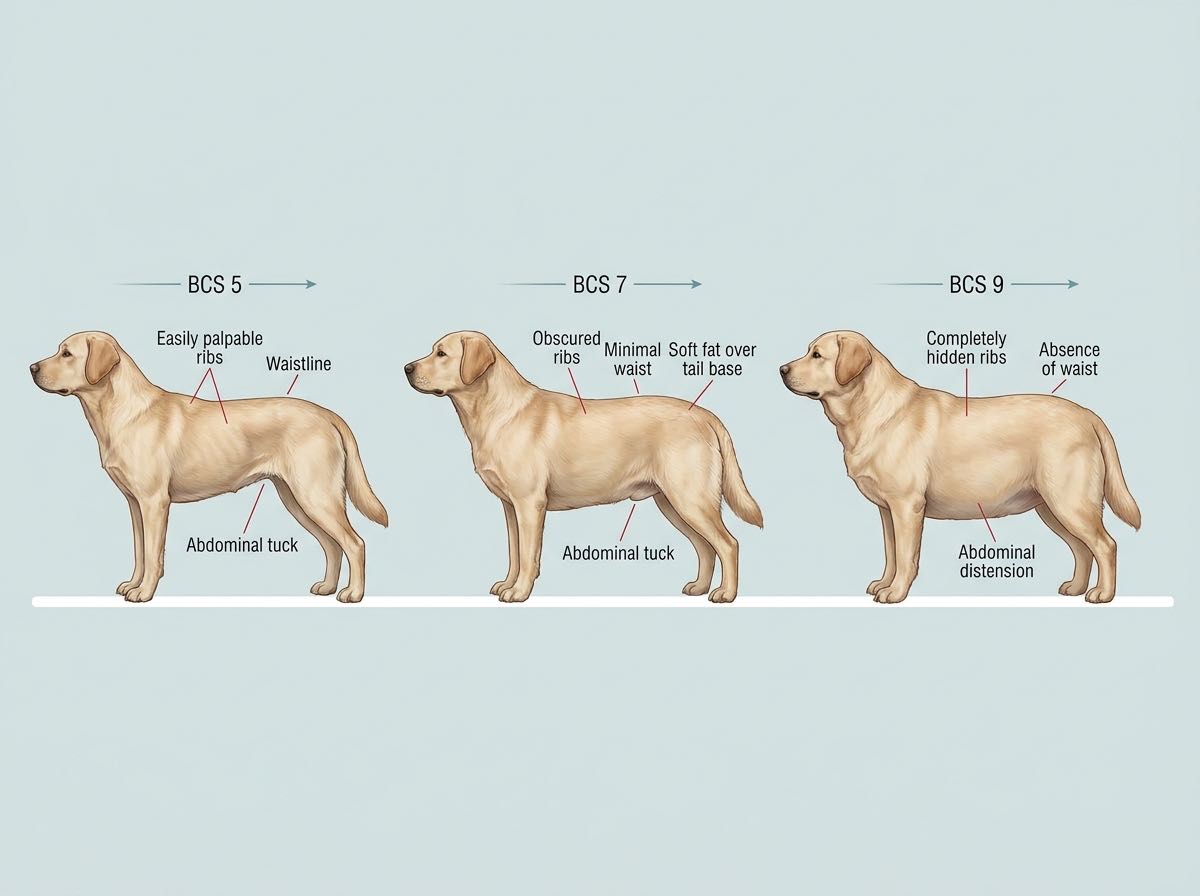 Section image 1 — side-by-side comparison of three dogs of the same breed at BCS 5, BCS 7, and BCS 9, highlighting the loss of waist, the loss of abdominal tuck, and the increased rib coverage as BCS rises