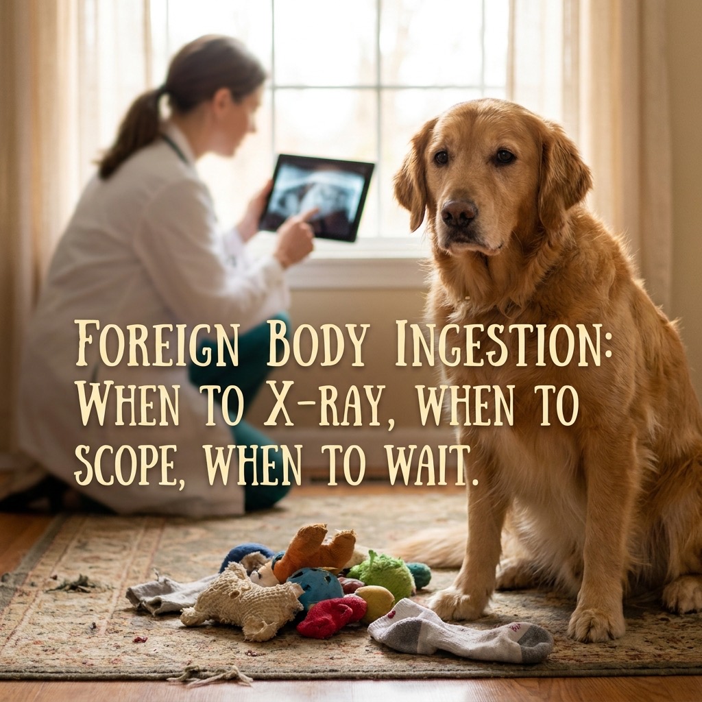 Foreign body ingestion in dogs and cats: when to X-ray, when to scope, when t... (foreign body) — Emergency / Foreign Body cover image