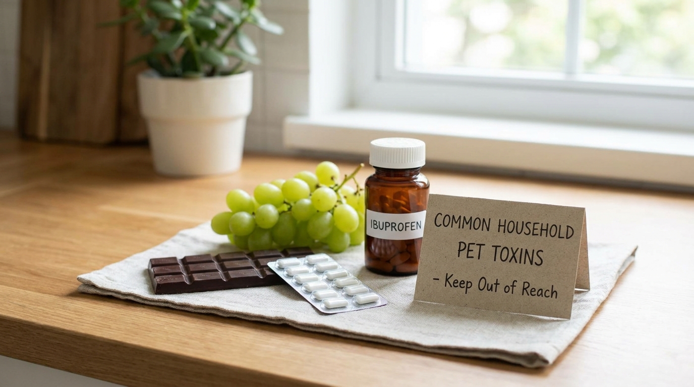 A dog sniffing an open pantry cabinet with chocolate and a pill bottle on a low shelf