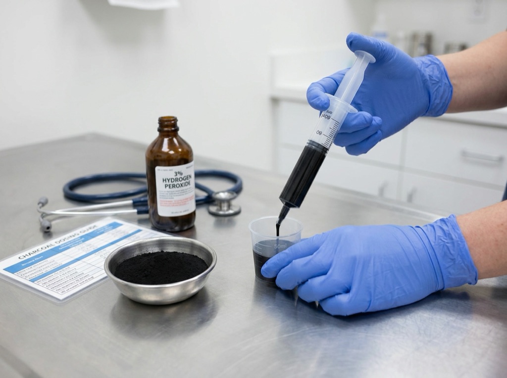 A veterinary technician measuring activated charcoal into a syringe on a stainless steel table