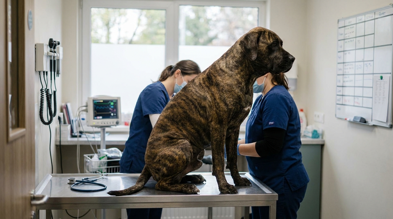 A large Great Dane standing in a kitchen, viewed from the side to show a deep, narrow chest