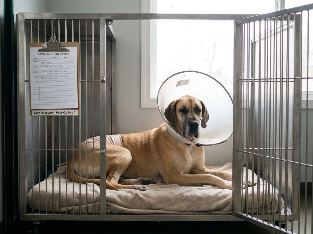 A veterinary team performing percutaneous gastric decompression with a large-bore needle on a sedated dog lying in right lateral recumbency