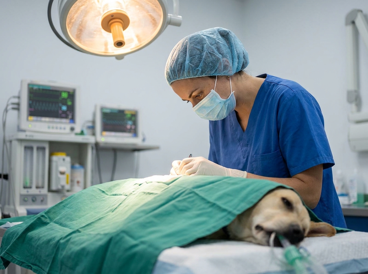 A healed surgical incision on a dog's right flank with a horizontal gastropexy line, day 10 post-op
