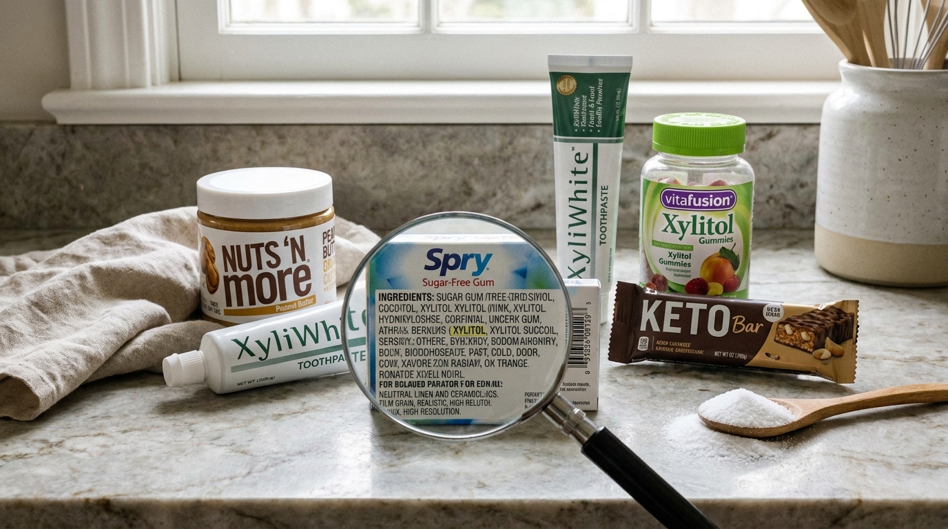 Common household products containing xylitol — sugar-free gum, peanut butter, toothpaste, baked goods, and chewable supplements laid out on a kitchen counter with a magnifying glass highlighting ingredient labels.