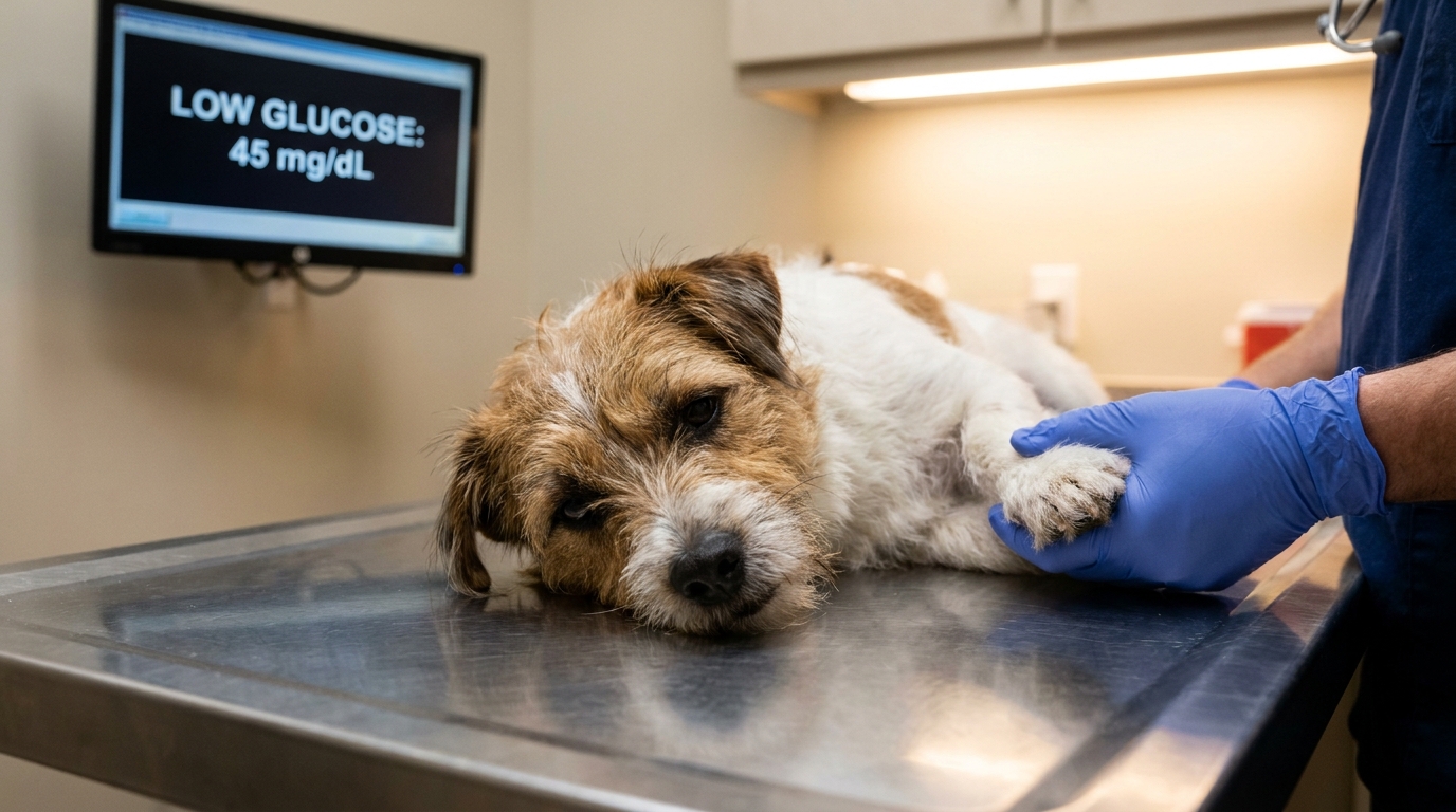Veterinary technician monitoring a lethargy-stricken dog on an exam table, with a glucometer showing a critically low glucose reading on the screen behind them.