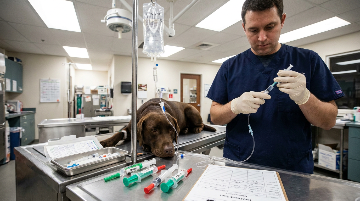 A veterinarian in scrubs preparing an IV line for a dog at an emergency clinic, with labeled dextrose and hepatoprotectant syringes on the counter.